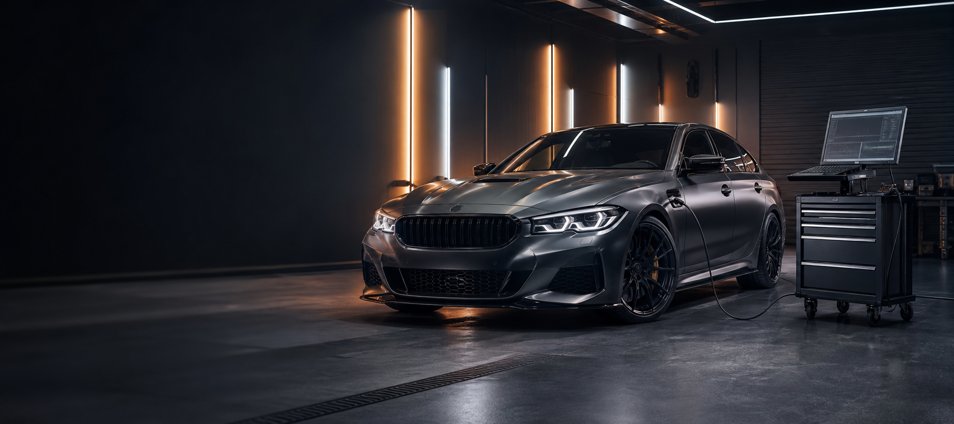 Performance vehicle connected to professional ECU diagnostic equipment